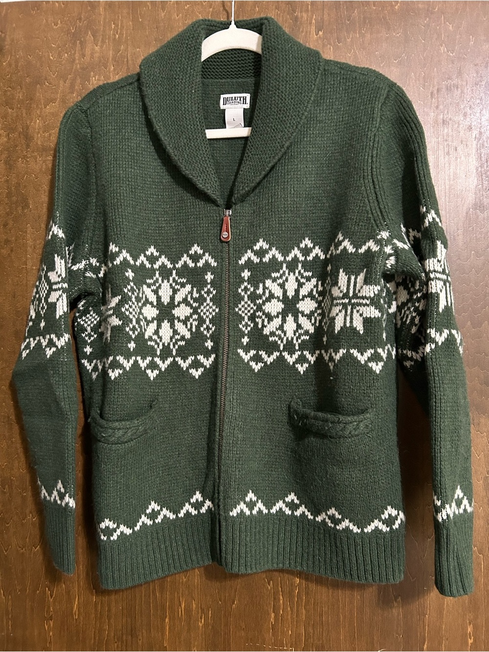Duluth Trading Co green Shawl Collar Zip Sweater with Nordic Pattern size large